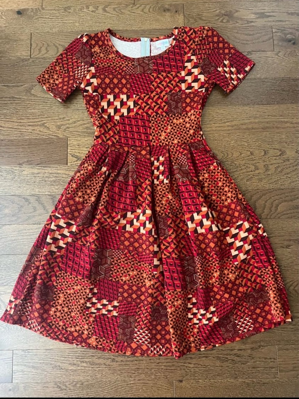 Women’s size XS LuLa Roe Red & Orange Patchwork Print Fit-and-Flare Dress